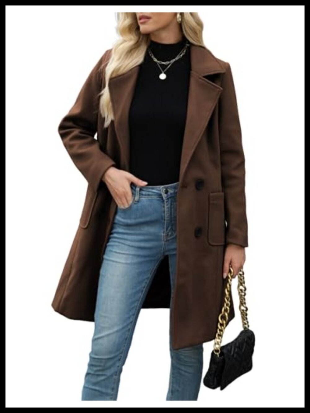 Wool Blend Mid-Long Coat Double-Breasted Notch Lapel Button Front Winter